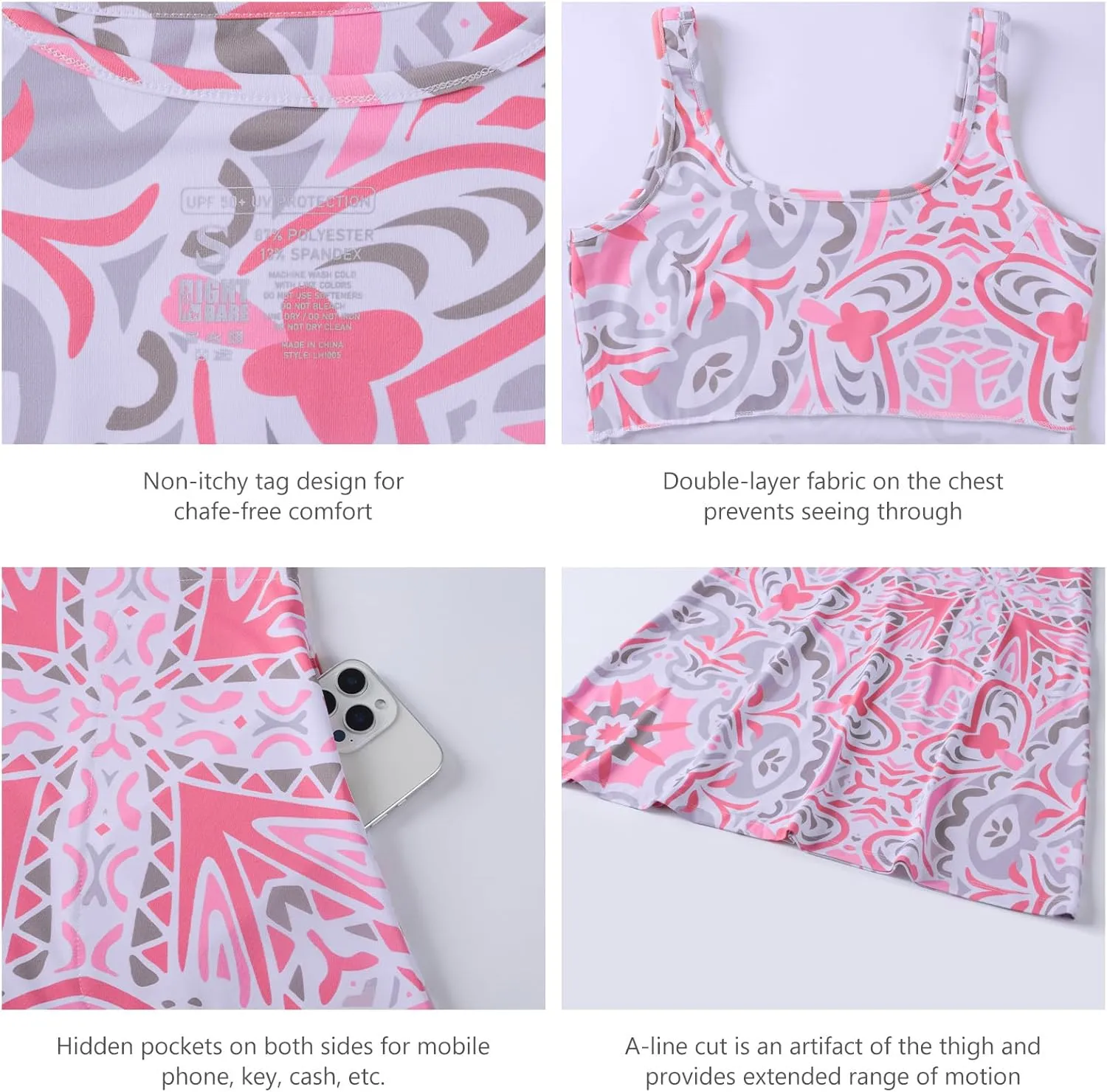 Womens UPF 50  Tank Dress A-Line with Pockets Breathable Quick Dry Sun Protection for Hiking Camping Beach Outdoor