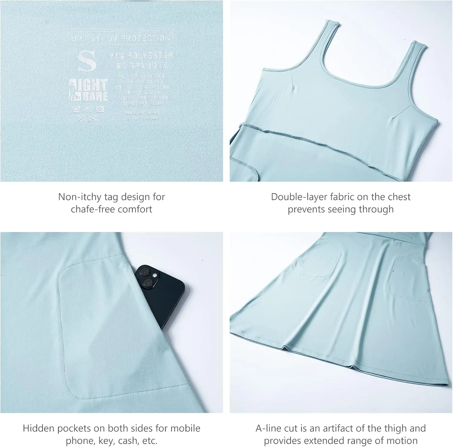 Womens UPF 50  Tank Dress A-Line with Pockets Breathable Quick Dry Sun Protection for Hiking Camping Beach Outdoor