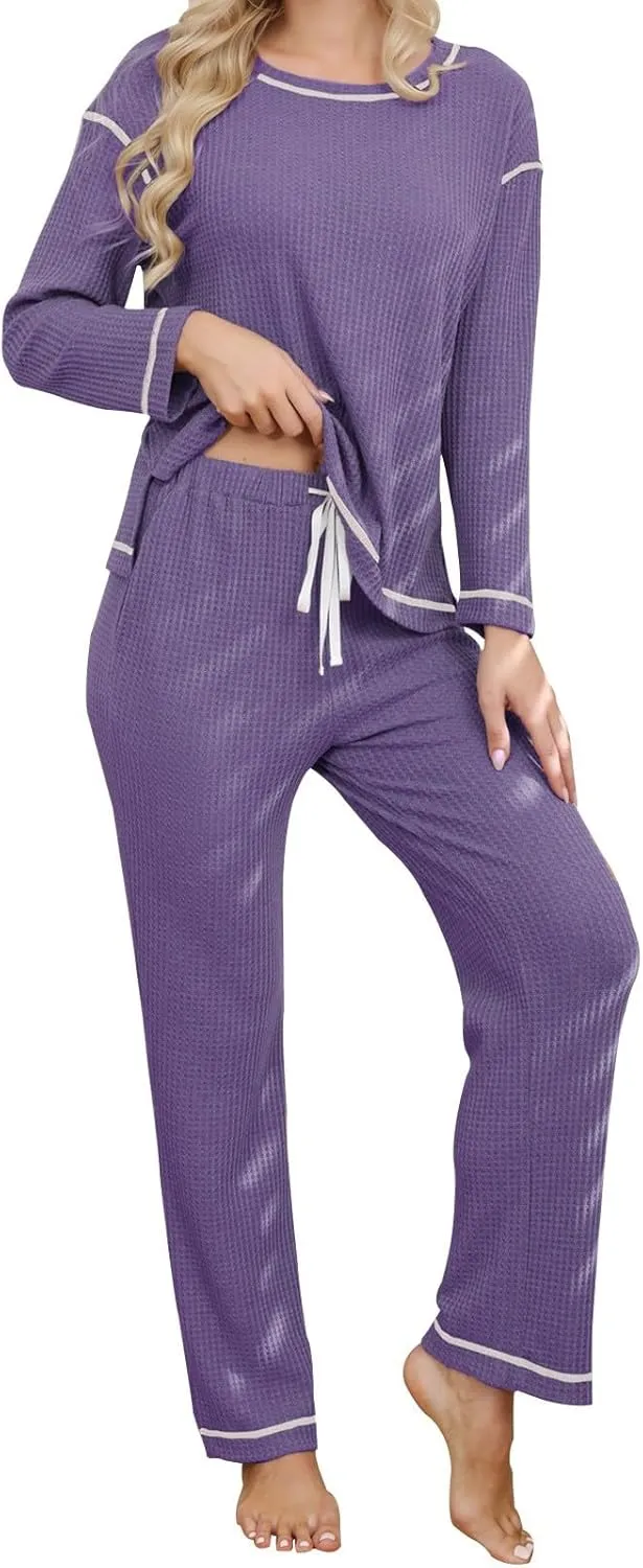 Women's Waffle Knit Pajama Sets Comfy Long Sleeve Crew Neck Top Loungewear 2 Piece Matching Pants Pj Set with Pockets