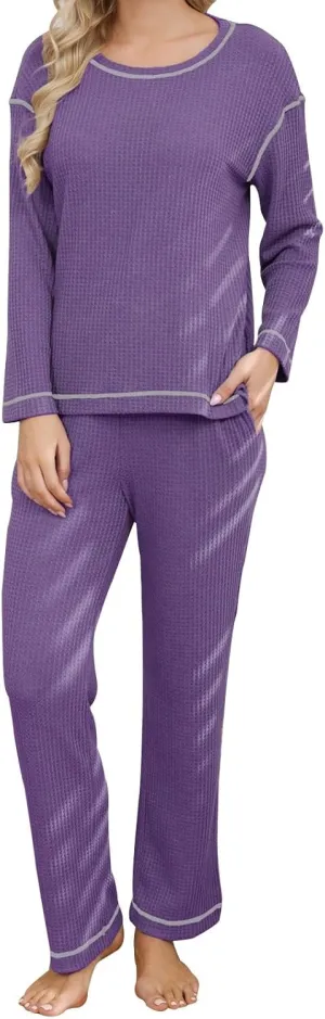 Women's Waffle Knit Pajama Sets Comfy Long Sleeve Crew Neck Top Loungewear 2 Piece Matching Pants Pj Set with Pockets