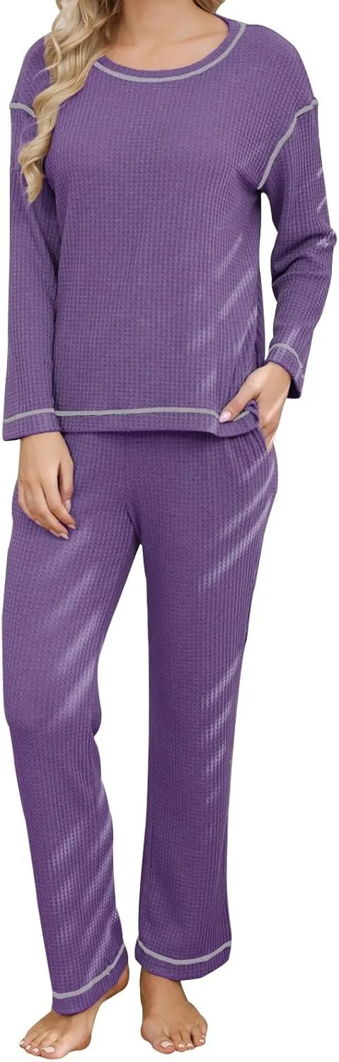 Women's Waffle Knit Pajama Sets Comfy Long Sleeve Crew Neck Top Loungewear 2 Piece Matching Pants Pj Set with Pockets