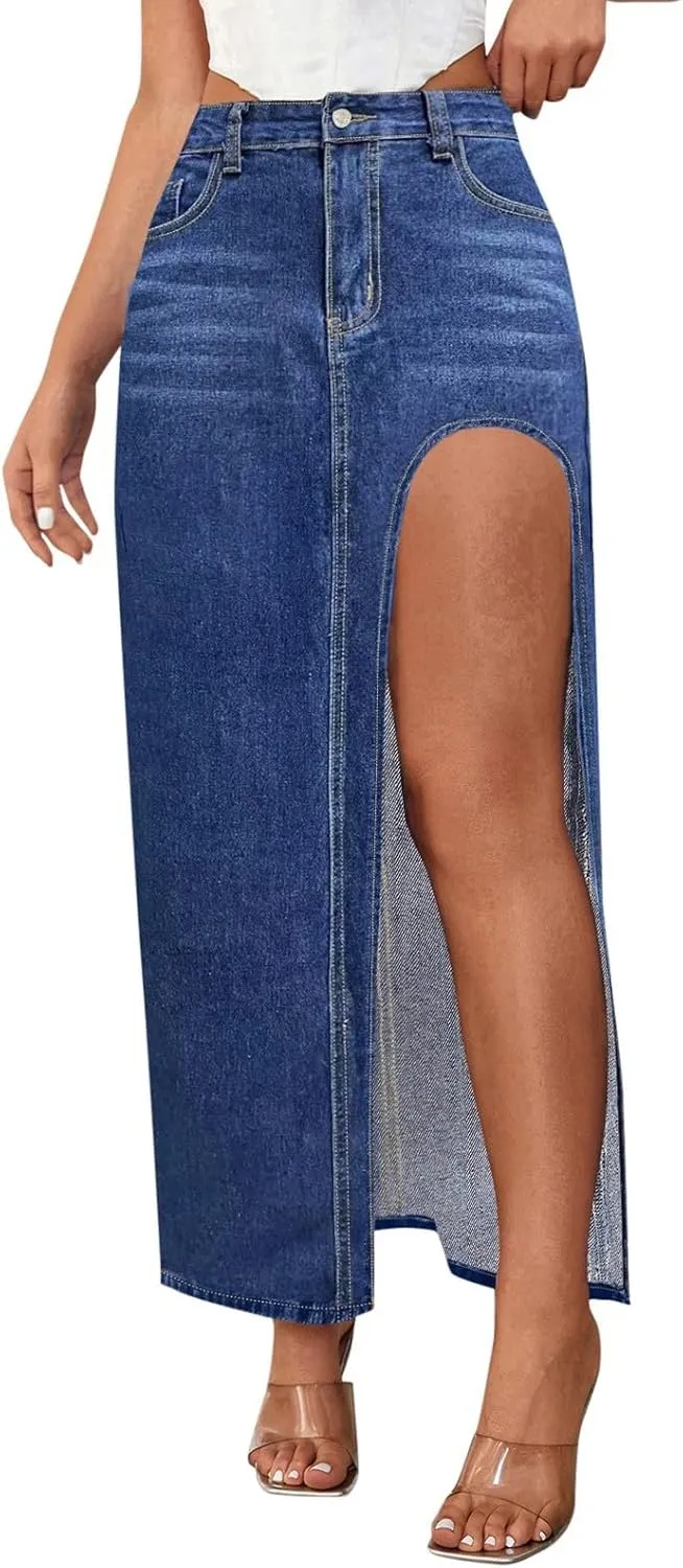 Women's Wide Leg Jeans High Waisted Casual Trendy Split Thigh Maxi Denim Skirt Ladies Zip Up Long Pencil Jean Skirt