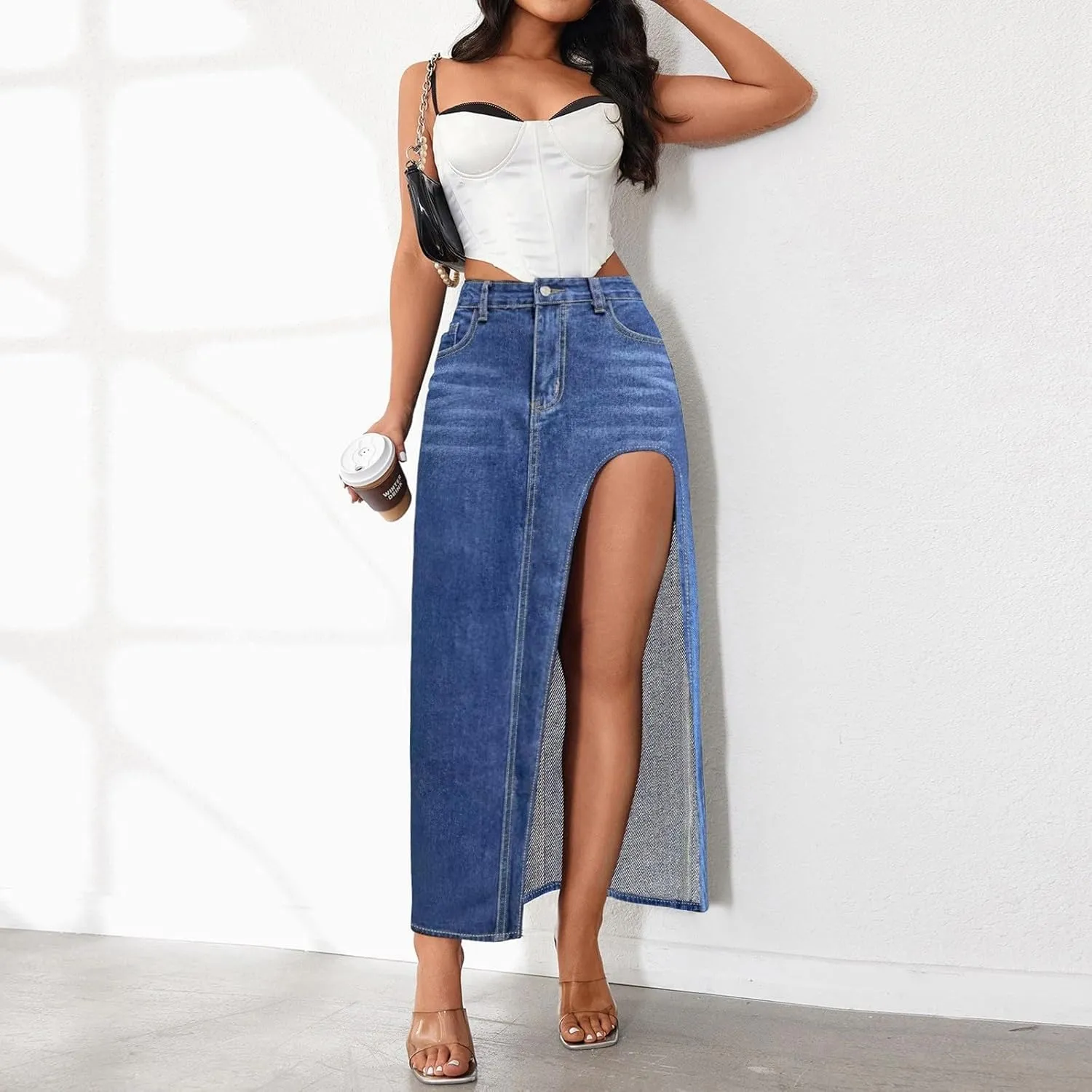 Women's Wide Leg Jeans High Waisted Casual Trendy Split Thigh Maxi Denim Skirt Ladies Zip Up Long Pencil Jean Skirt