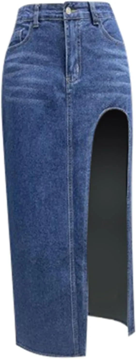 Women's Wide Leg Jeans High Waisted Casual Trendy Split Thigh Maxi Denim Skirt Ladies Zip Up Long Pencil Jean Skirt