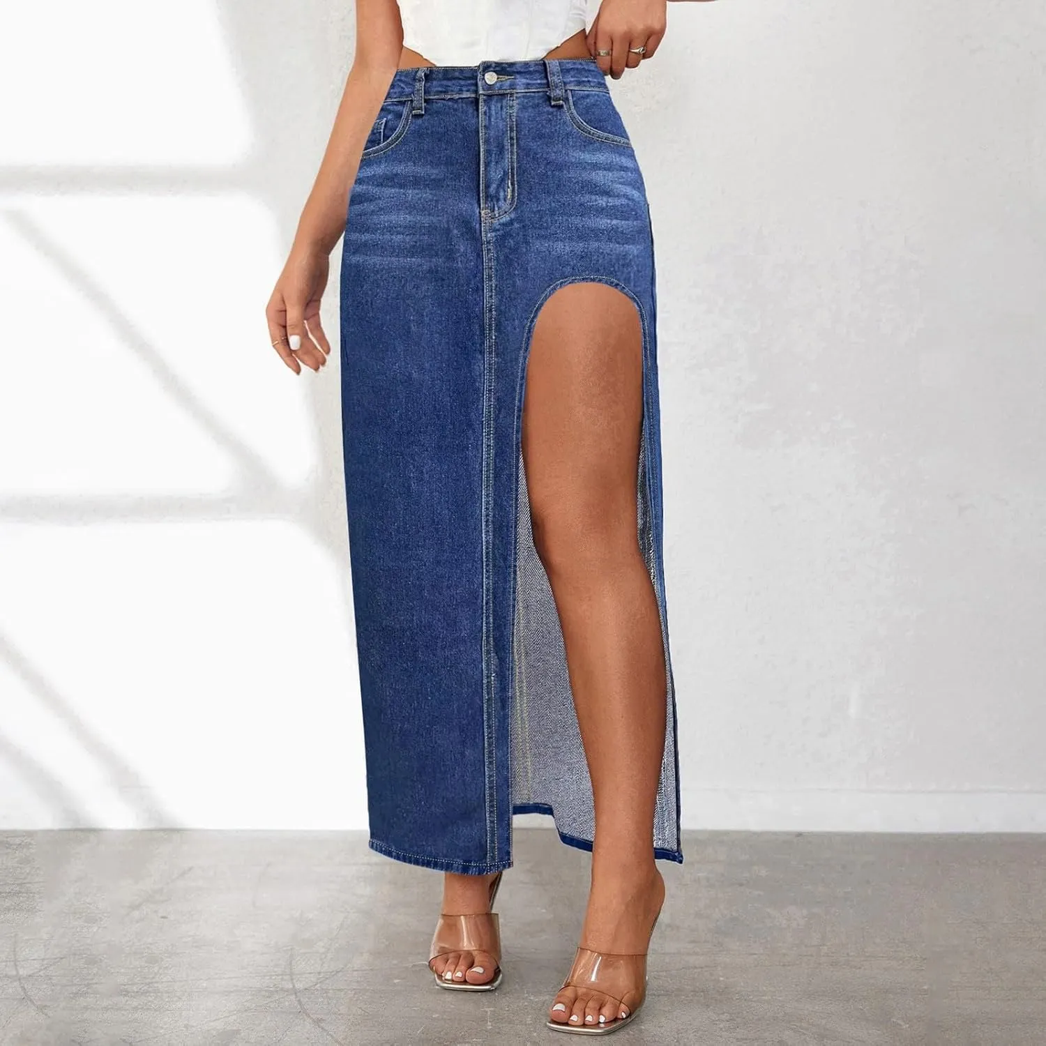 Women's Wide Leg Jeans High Waisted Casual Trendy Split Thigh Maxi Denim Skirt Ladies Zip Up Long Pencil Jean Skirt