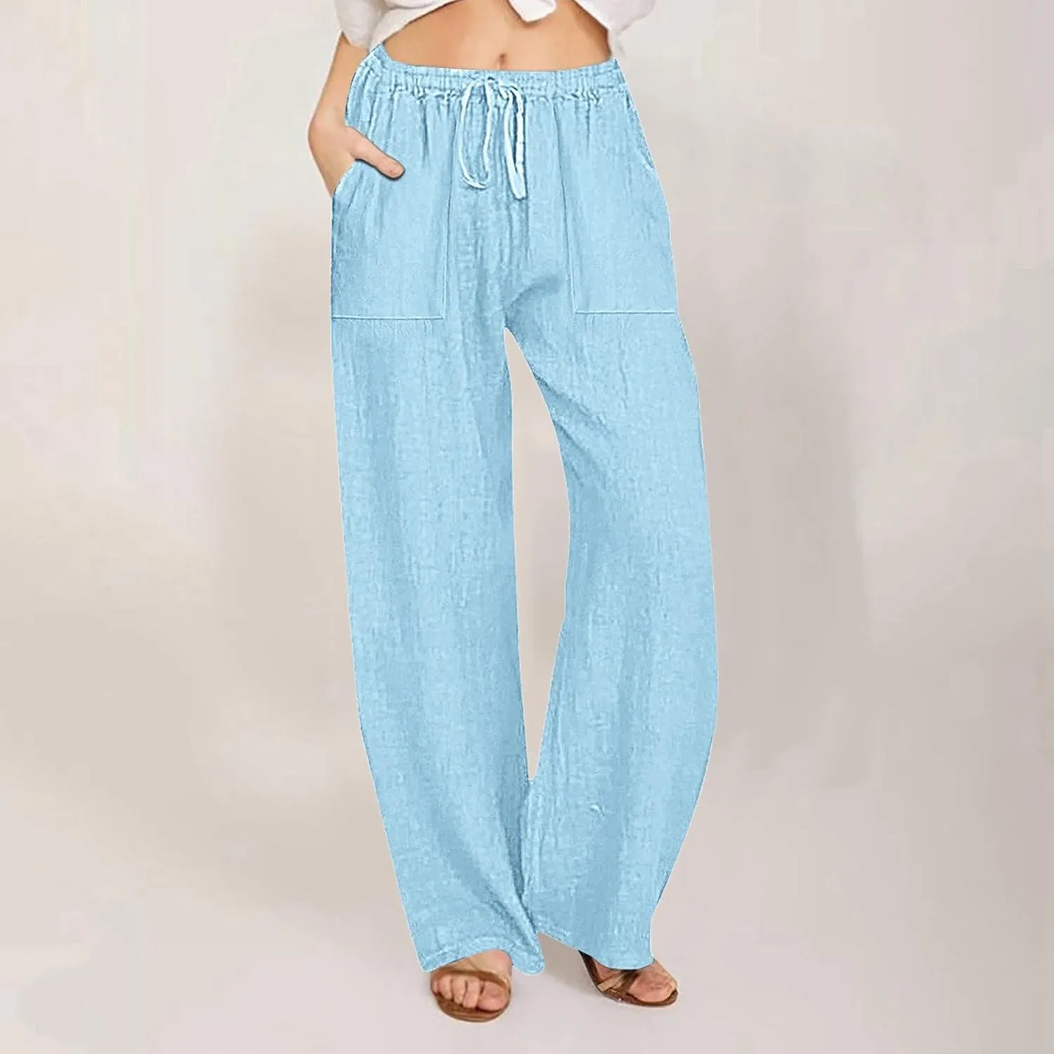 Womens Wide Leg Linen Pants Casual Summer Elastic Waist Loose Palazzo Trousers Flowy Beach Lounge Pants with Pockets