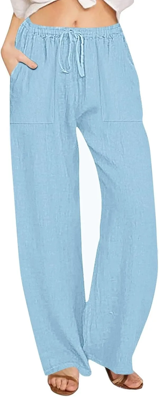 Womens Wide Leg Linen Pants Casual Summer Elastic Waist Loose Palazzo Trousers Flowy Beach Lounge Pants with Pockets