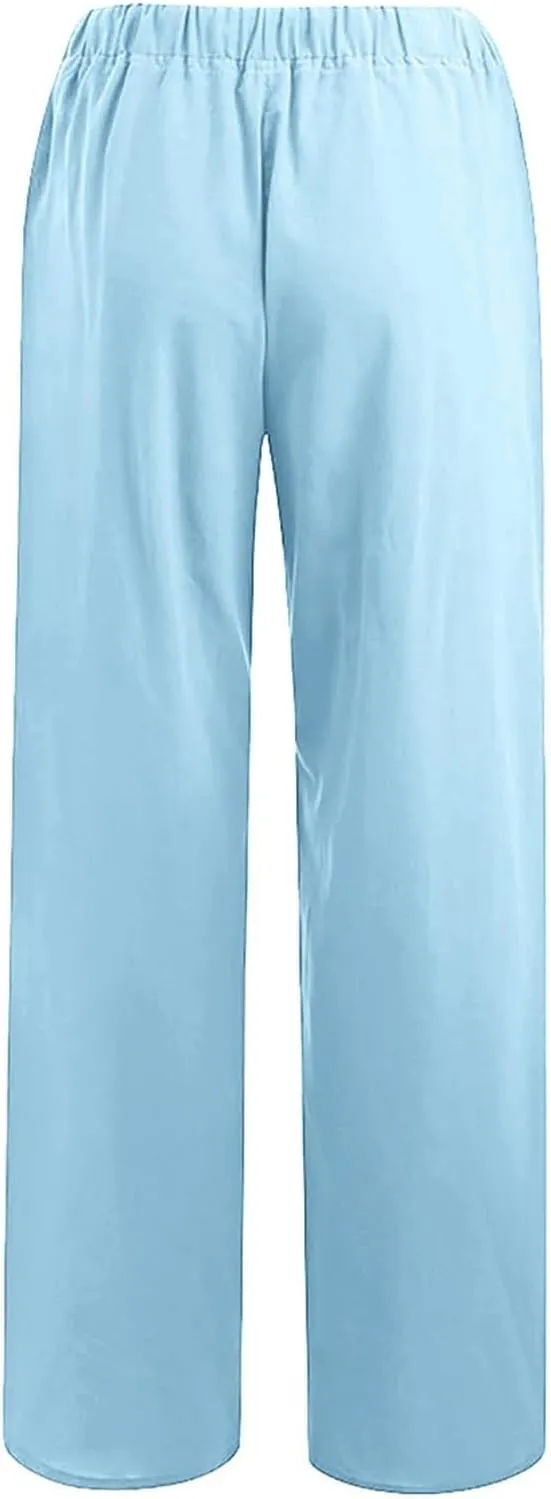 Womens Wide Leg Linen Pants Casual Summer Elastic Waist Loose Palazzo Trousers Flowy Beach Lounge Pants with Pockets