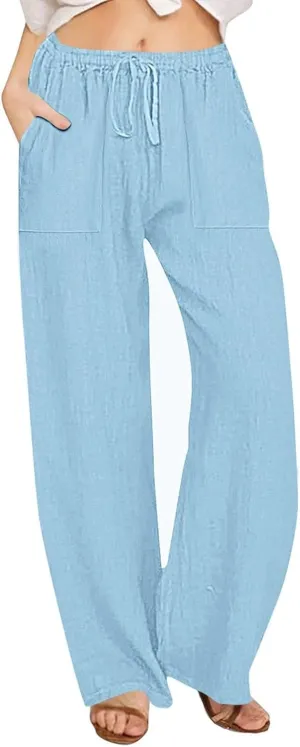Womens Wide Leg Linen Pants Casual Summer Elastic Waist Loose Palazzo Trousers Flowy Beach Lounge Pants with Pockets