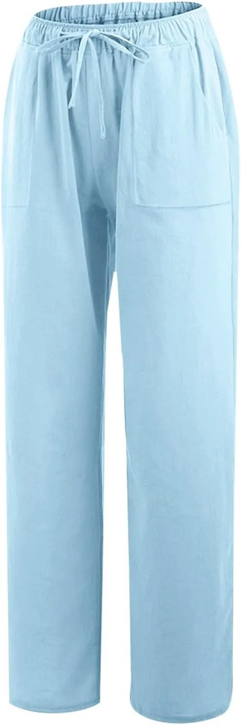Womens Wide Leg Linen Pants Casual Summer Elastic Waist Loose Palazzo Trousers Flowy Beach Lounge Pants with Pockets