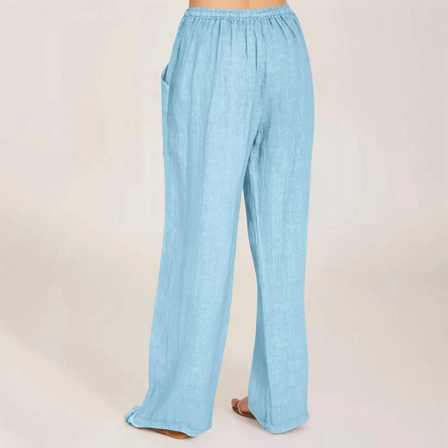 Womens Wide Leg Linen Pants Casual Summer Elastic Waist Loose Palazzo Trousers Flowy Beach Lounge Pants with Pockets