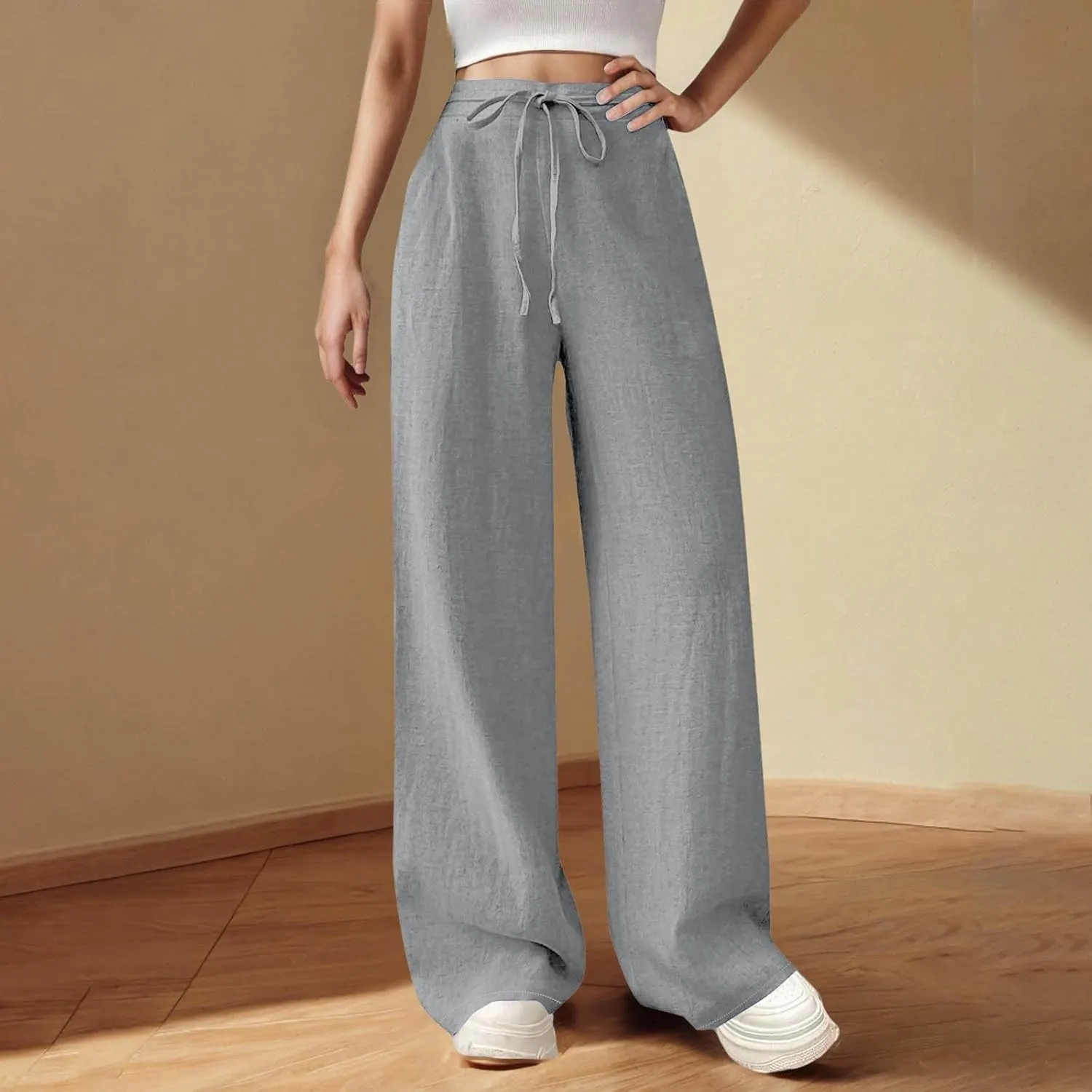 Womens Wide Leg Linen Pants Elastic Waist Casual Palazzo Pants Casual Drawstring Beach Lounge Trousers with Pockets
