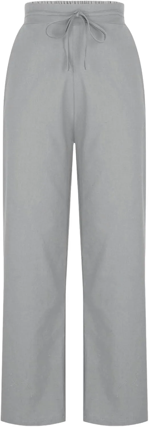 Womens Wide Leg Linen Pants Elastic Waist Casual Palazzo Pants Casual Drawstring Beach Lounge Trousers with Pockets