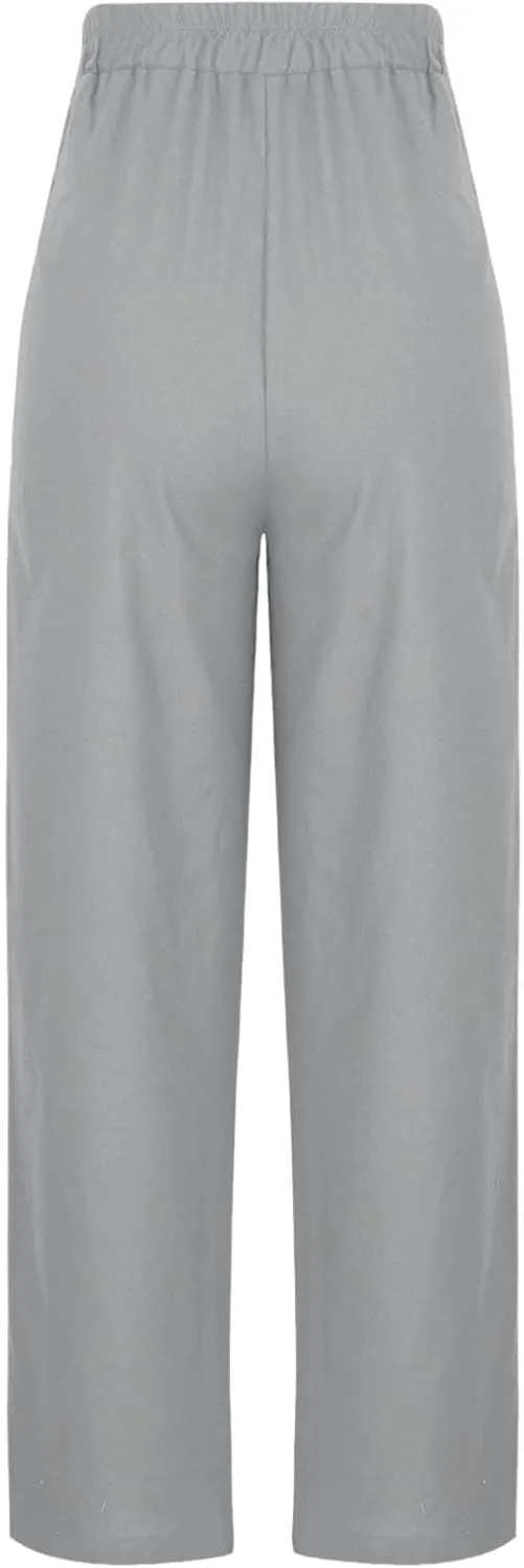 Womens Wide Leg Linen Pants Elastic Waist Casual Palazzo Pants Casual Drawstring Beach Lounge Trousers with Pockets