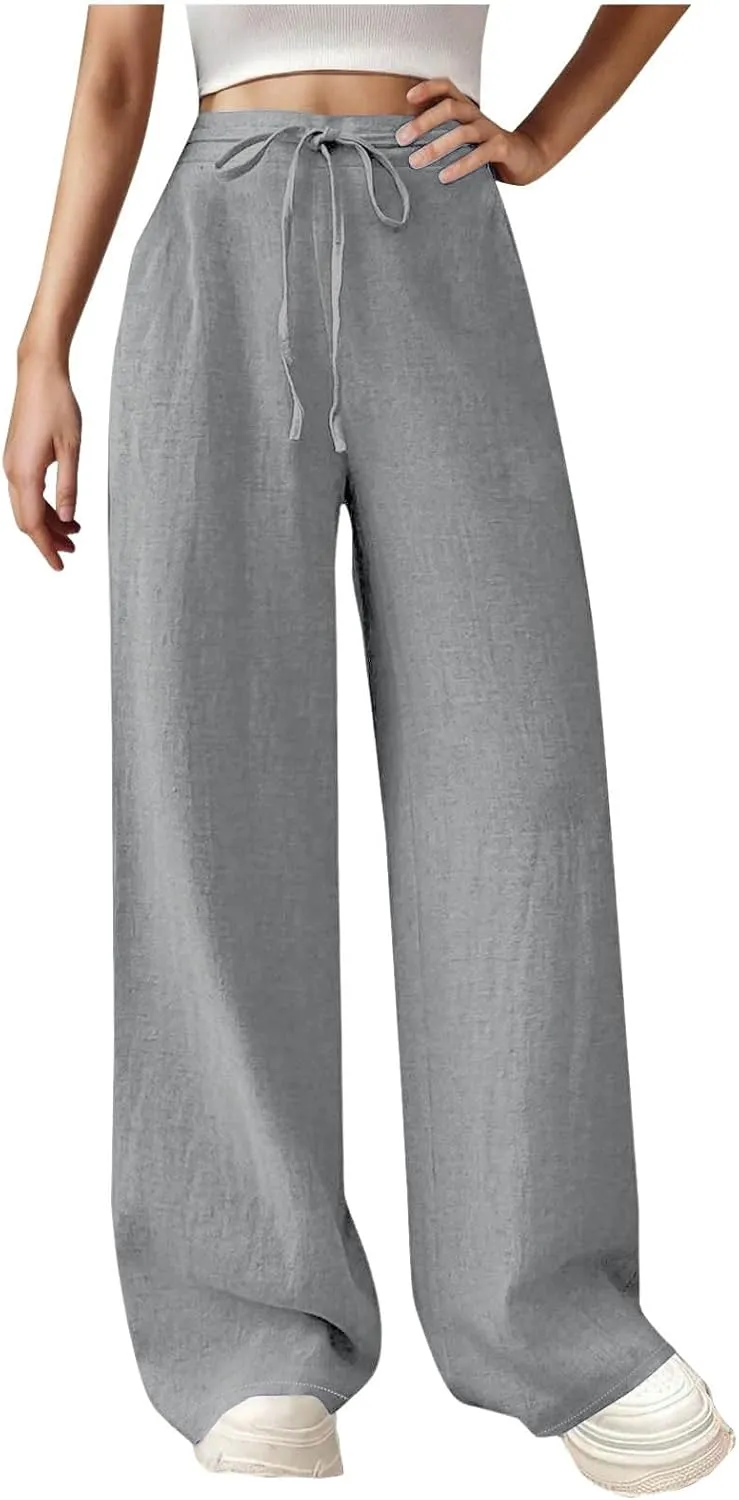 Womens Wide Leg Linen Pants Elastic Waist Casual Palazzo Pants Casual Drawstring Beach Lounge Trousers with Pockets