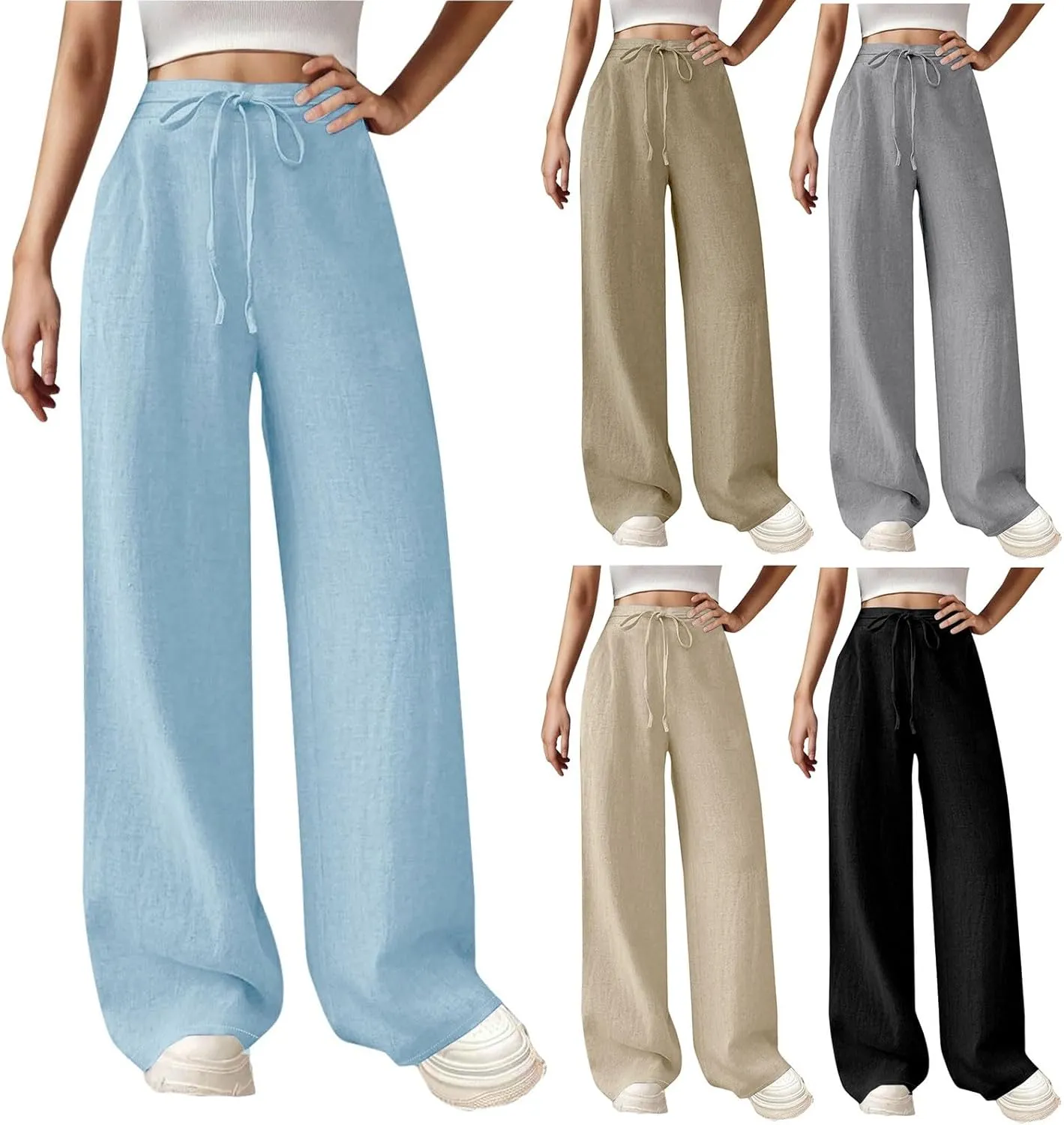 Womens Wide Leg Linen Pants Elastic Waist Casual Palazzo Pants Casual Drawstring Beach Lounge Trousers with Pockets