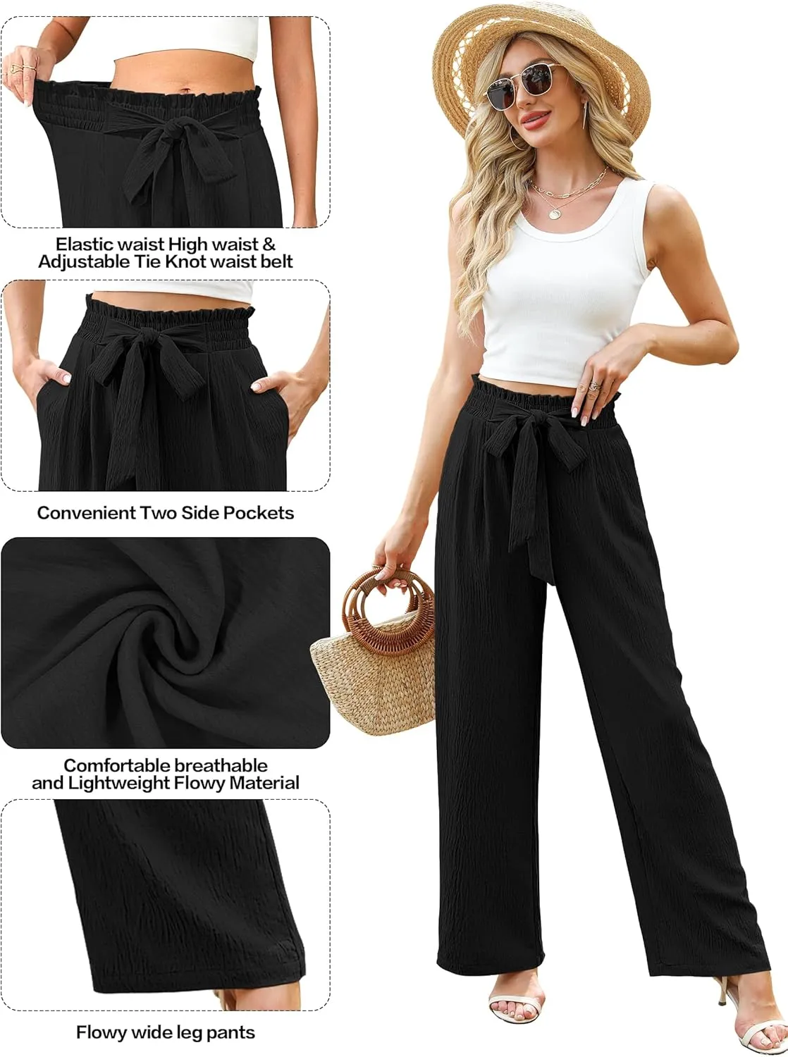 Women's Wide Leg Lounge Pants with Pockets Lightweight High Waisted Adjustable Tie Knot Loose Trousers