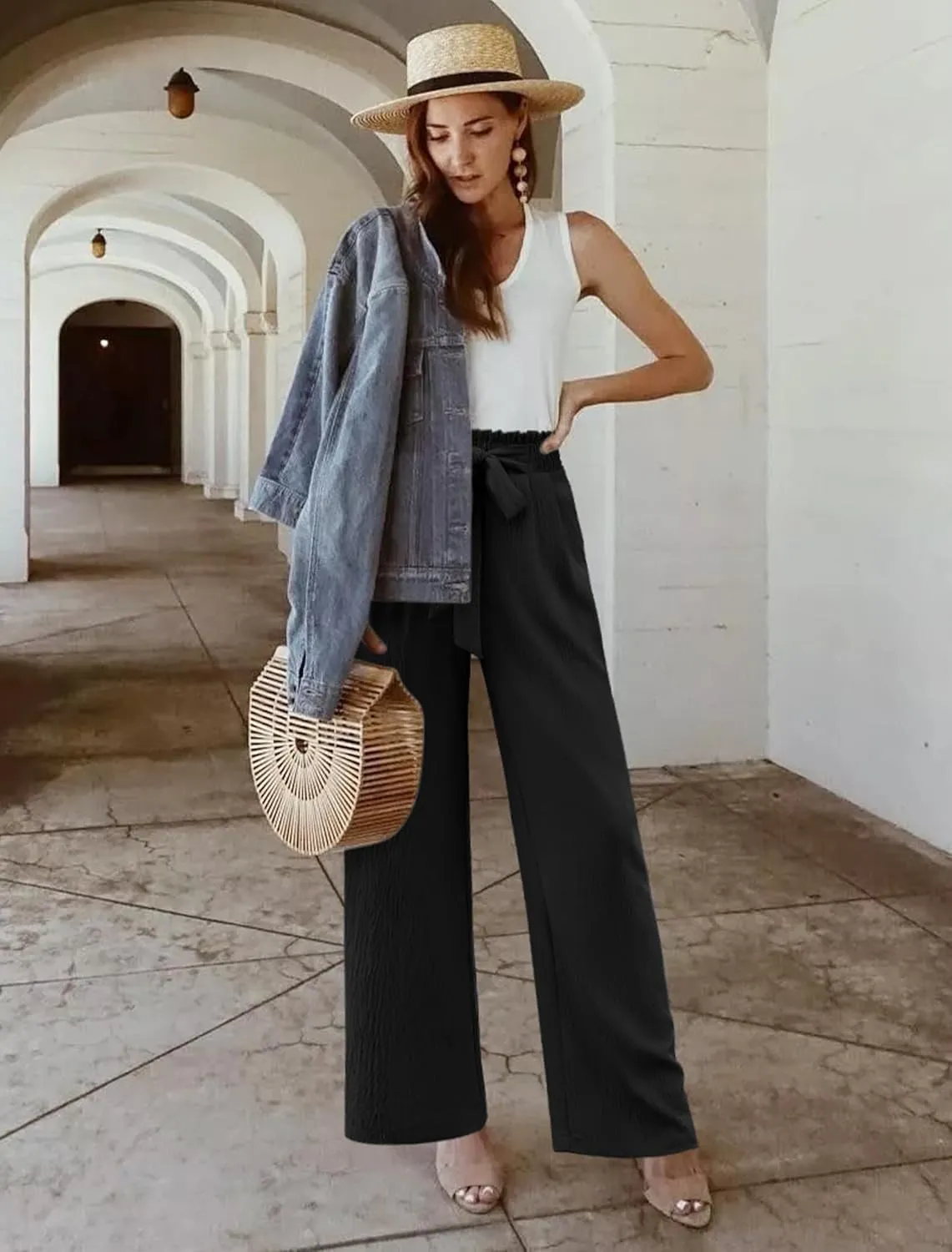 Women's Wide Leg Lounge Pants with Pockets Lightweight High Waisted Adjustable Tie Knot Loose Trousers