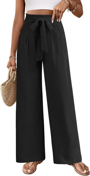 Women's Wide Leg Lounge Pants with Pockets Lightweight High Waisted Adjustable Tie Knot Loose Trousers
