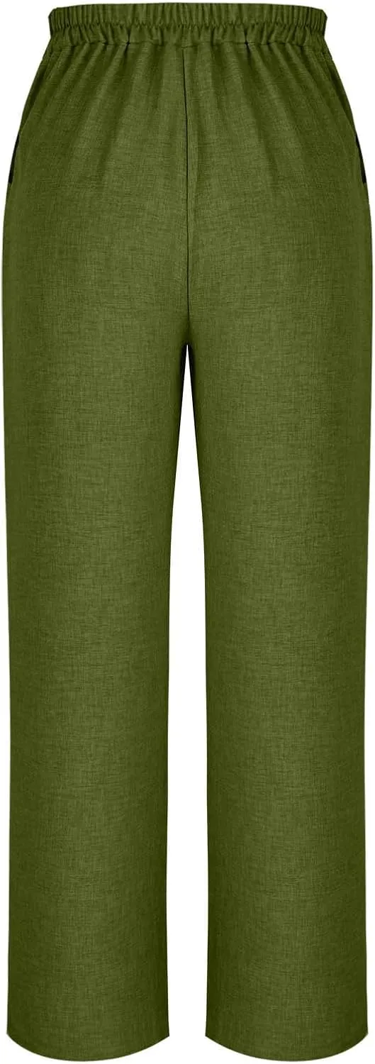 Women's Wide Leg Pants with Pockets Summer High Waisted Loose Linen Pants Plus Size Trendy Flowy Palazzo Trousers