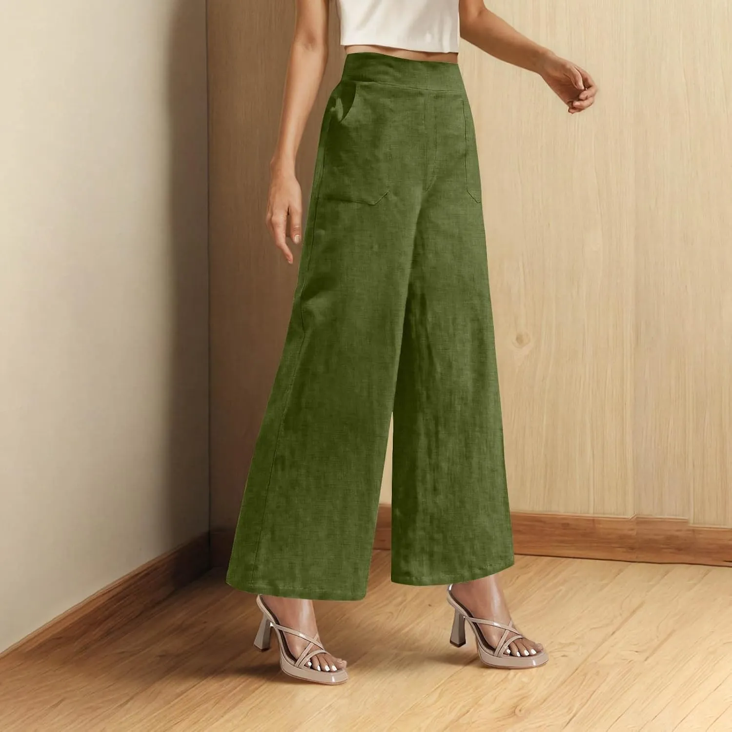 Women's Wide Leg Pants with Pockets Summer High Waisted Loose Linen Pants Plus Size Trendy Flowy Palazzo Trousers