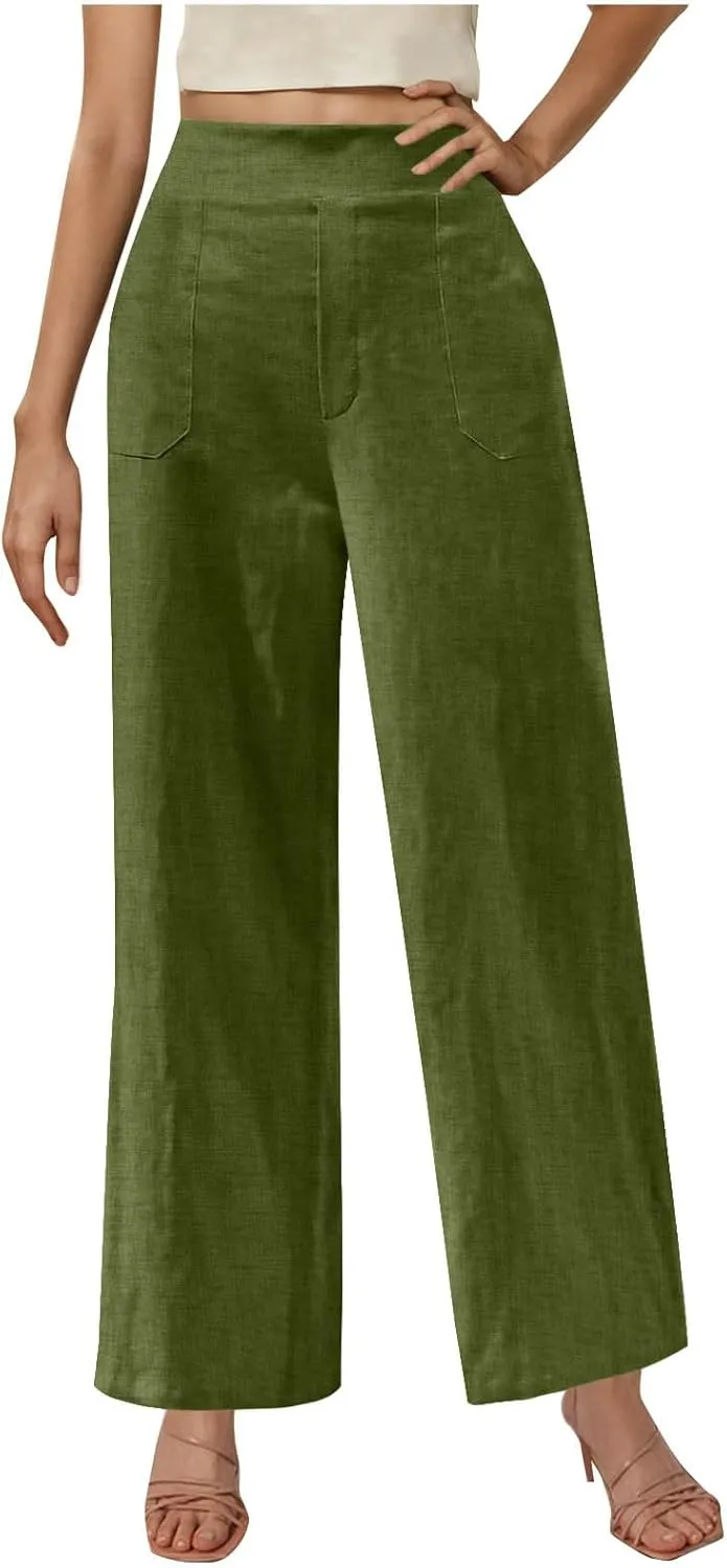 Women's Wide Leg Pants with Pockets Summer High Waisted Loose Linen Pants Plus Size Trendy Flowy Palazzo Trousers
