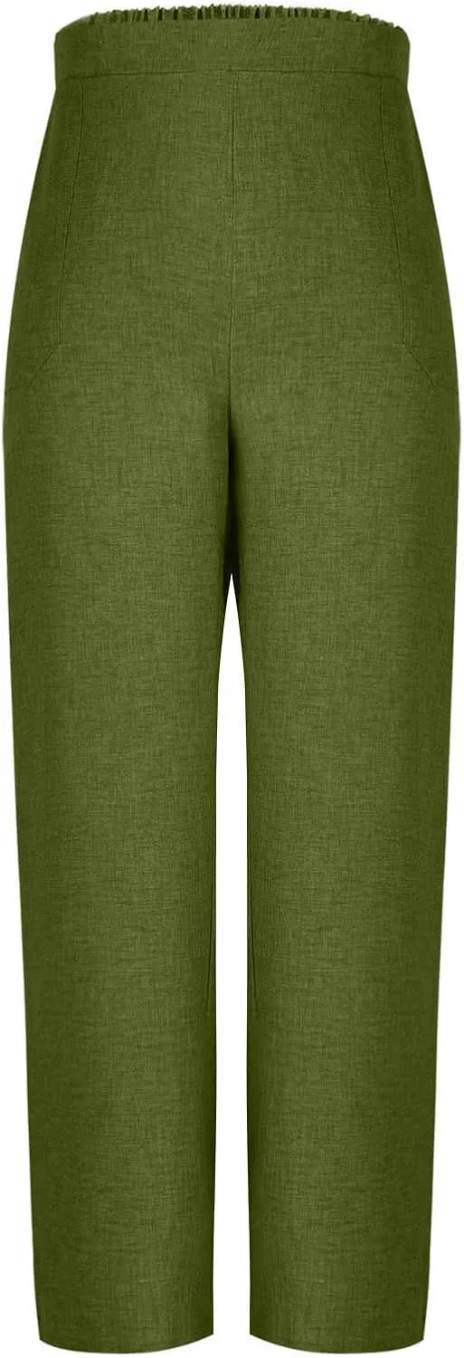 Women's Wide Leg Pants with Pockets Summer High Waisted Loose Linen Pants Plus Size Trendy Flowy Palazzo Trousers