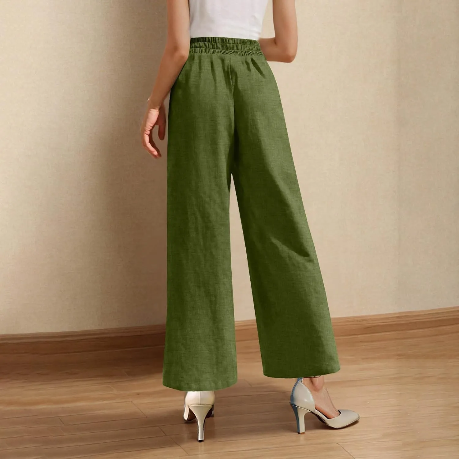 Women's Wide Leg Pants with Pockets Summer High Waisted Loose Linen Pants Plus Size Trendy Flowy Palazzo Trousers