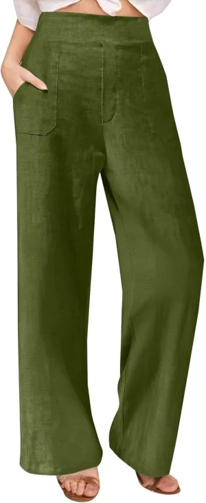 Women's Wide Leg Pants with Pockets Summer High Waisted Loose Linen Pants Plus Size Trendy Flowy Palazzo Trousers