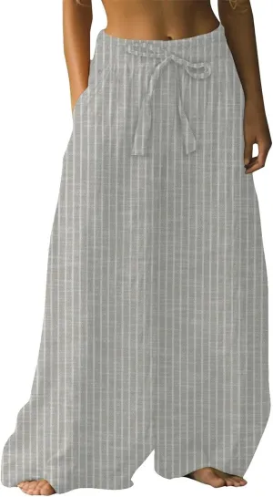 Womens Wide Leg Summer Pants Flowy Side Split Palazzo Beach Pants Boho High Waisted Trousers Vacation Outfits