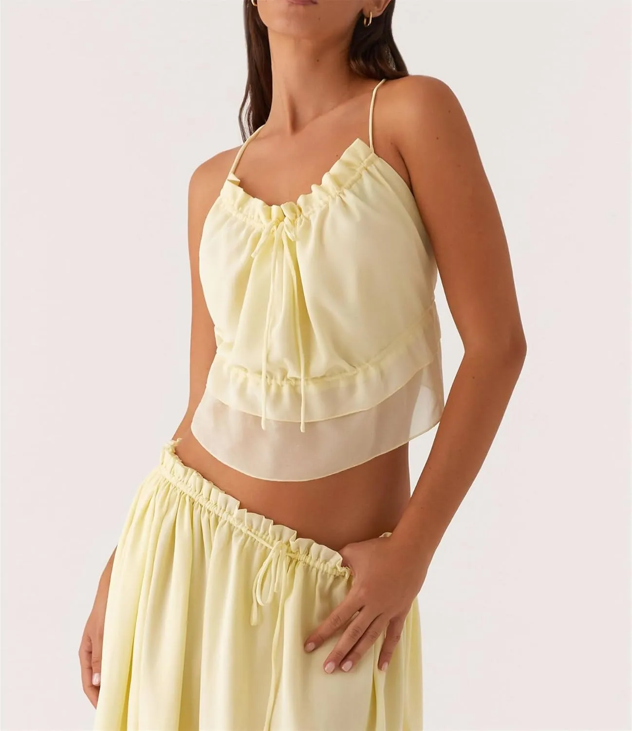 Women's Y2k 2 Piece Outfits Shirred Halter Neck Tie-Up Tank Tops and Ruched Ruffle Maxi Skirt Sets Beachwear