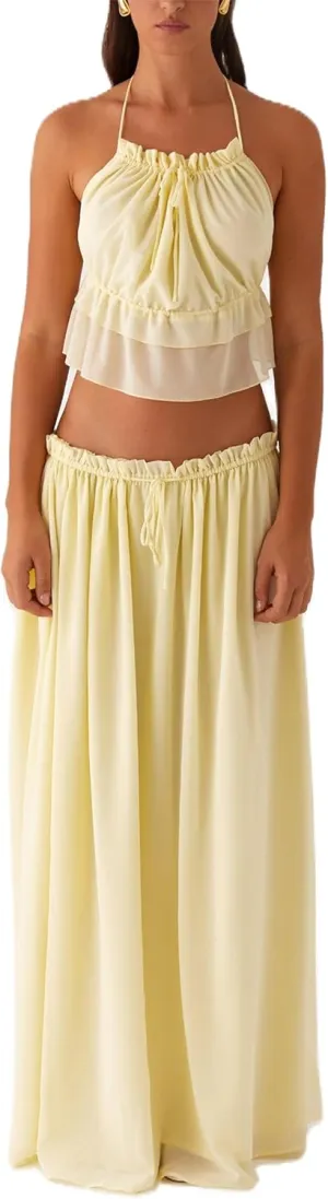 Women's Y2k 2 Piece Outfits Shirred Halter Neck Tie-Up Tank Tops and Ruched Ruffle Maxi Skirt Sets Beachwear