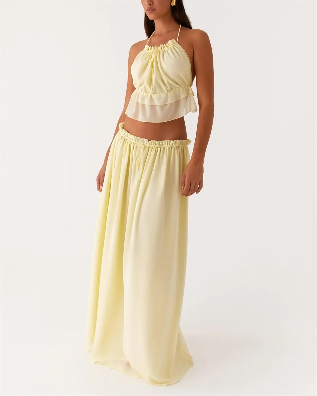 Women's Y2k 2 Piece Outfits Shirred Halter Neck Tie-Up Tank Tops and Ruched Ruffle Maxi Skirt Sets Beachwear