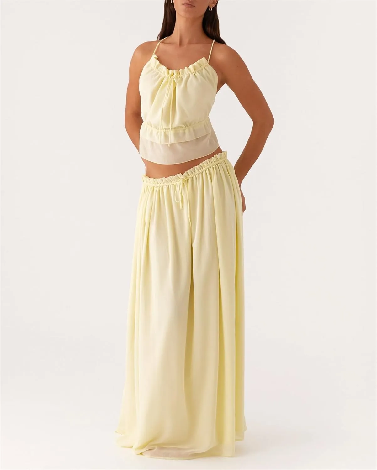 Women's Y2k 2 Piece Outfits Shirred Halter Neck Tie-Up Tank Tops and Ruched Ruffle Maxi Skirt Sets Beachwear