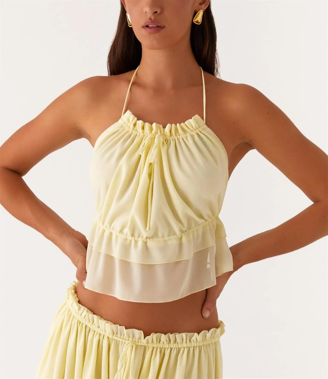 Women's Y2k 2 Piece Outfits Shirred Halter Neck Tie-Up Tank Tops and Ruched Ruffle Maxi Skirt Sets Beachwear