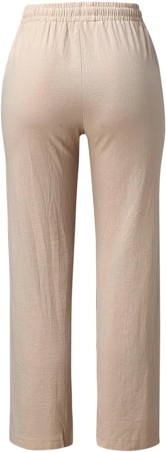 Women'sLinen Palazzo Pants and Straight Solid Elastic Pants Long Drawstring Women Waist Flowy Wide Leg Palazzo