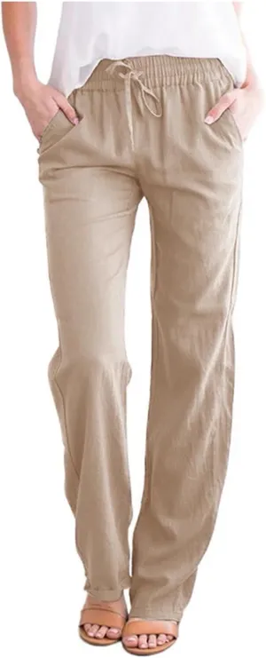 Women'sLinen Palazzo Pants and Straight Solid Elastic Pants Long Drawstring Women Waist Flowy Wide Leg Palazzo