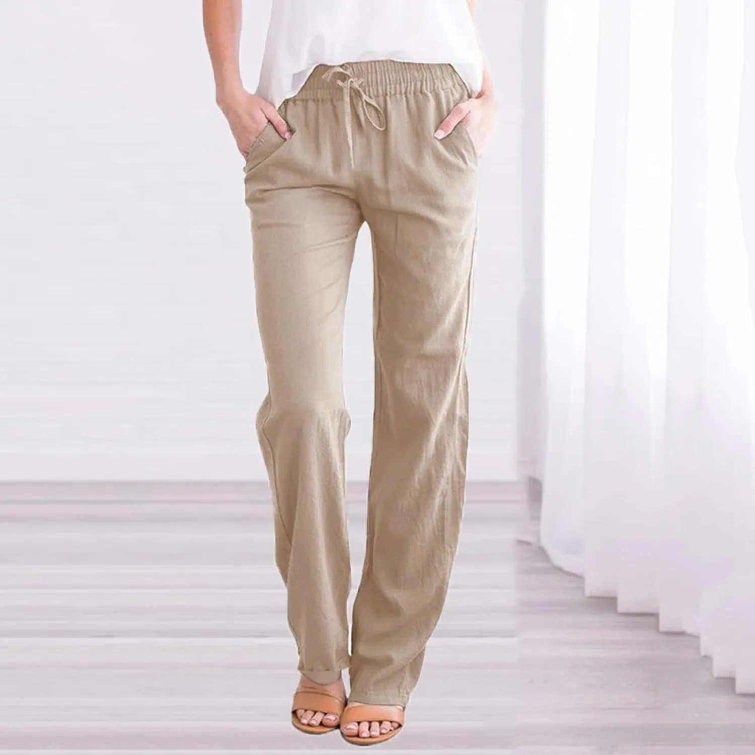 Women'sLinen Palazzo Pants and Straight Solid Elastic Pants Long Drawstring Women Waist Flowy Wide Leg Palazzo
