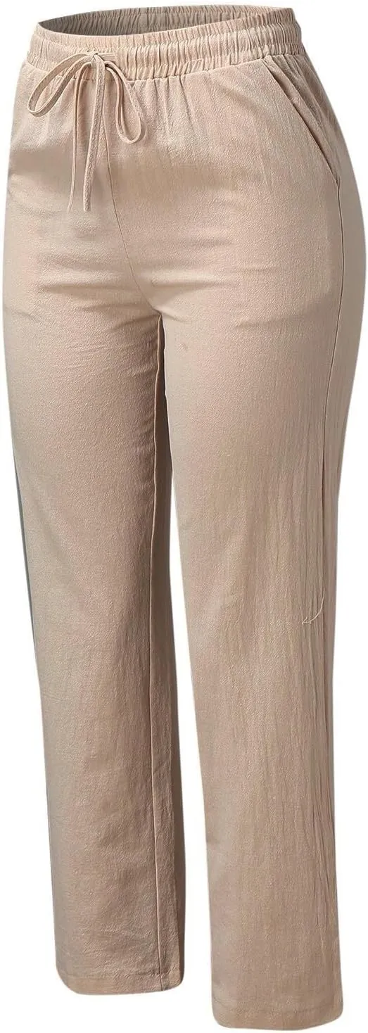 Women'sLinen Palazzo Pants and Straight Solid Elastic Pants Long Drawstring Women Waist Flowy Wide Leg Palazzo