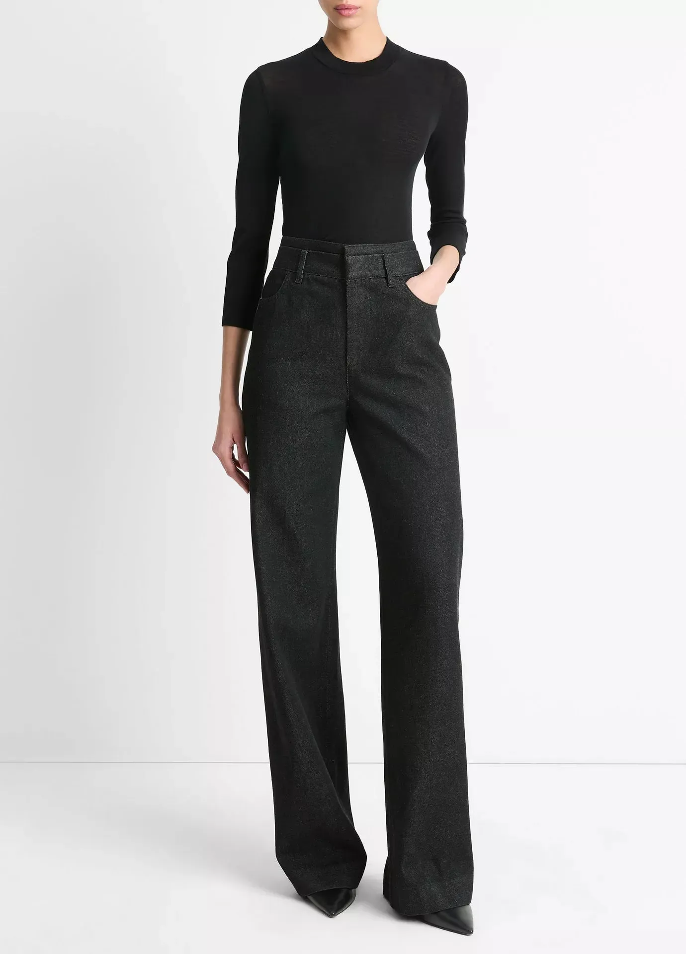 Wool Three-Quarter-Sleeve Mock-Neck Top - Black