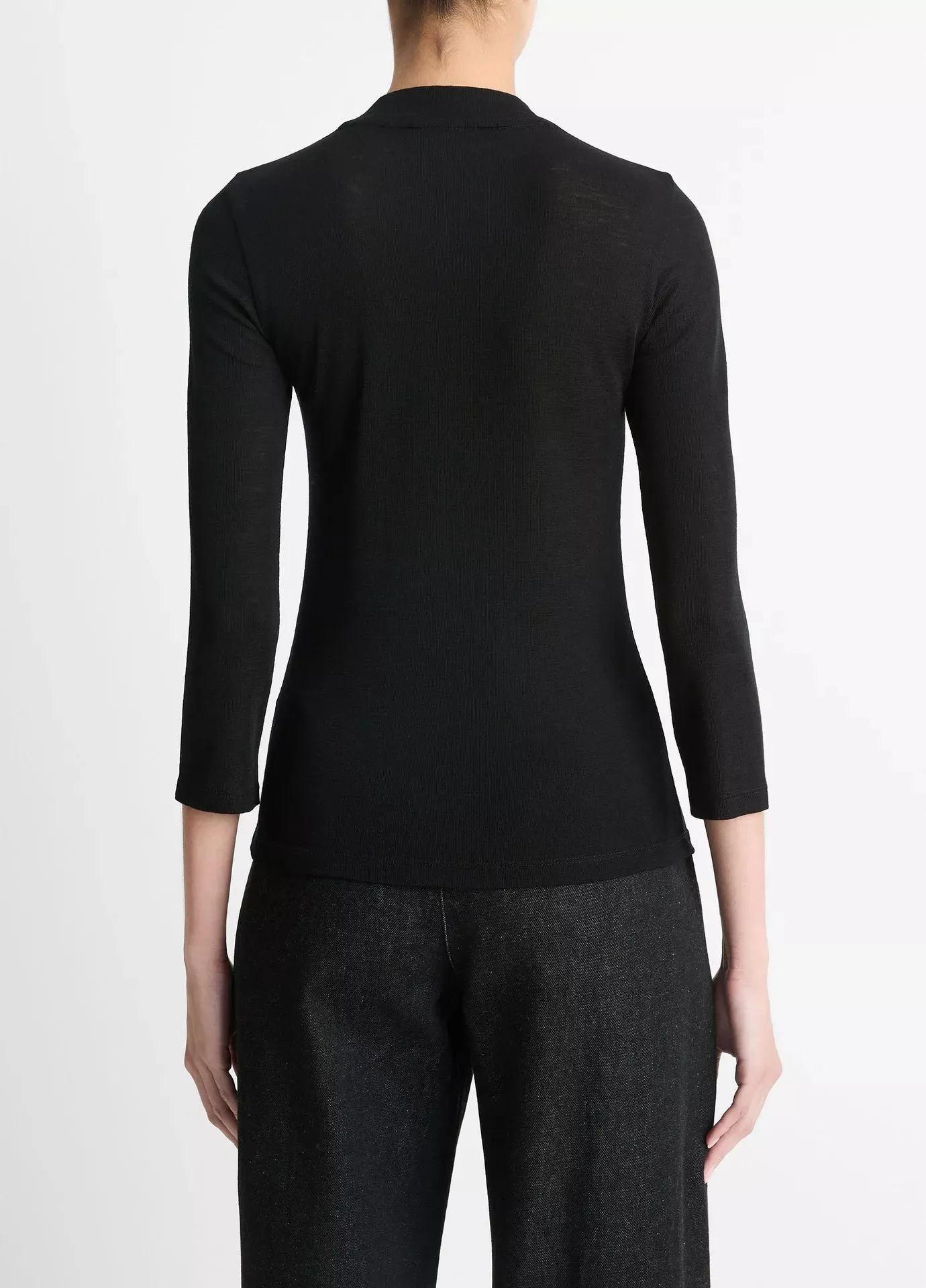 Wool Three-Quarter-Sleeve Mock-Neck Top - Black
