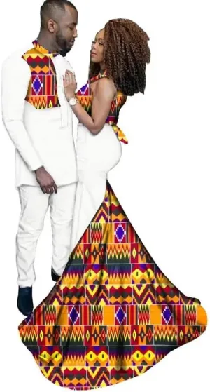 XIAOHUAGUA African Couple Wedding Dresses Mens Long Shirts Suit Women Stand Collar Maxi Dress Skirts