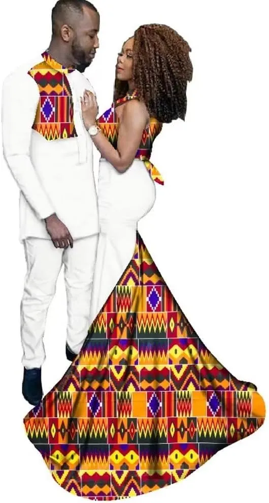 XIAOHUAGUA African Couple Wedding Dresses Mens Long Shirts Suit Women Stand Collar Maxi Dress Skirts