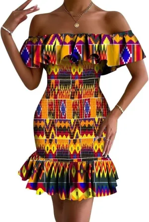 XIAOHUAGUA African Dress for Women Summer Off Shoulder Ruffle Bodycon Sexy Mini Party Club Ankara Smocked Dress