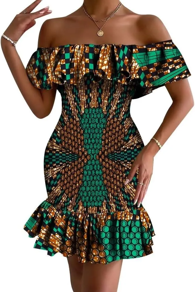 XIAOHUAGUA African Dress for Women Summer Off Shoulder Ruffle Bodycon Sexy Mini Party Club Ankara Smocked Dress