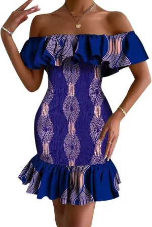 XIAOHUAGUA African Dress for Women Summer Off Shoulder Ruffle Bodycon Sexy Mini Party Club Ankara Smocked Dress