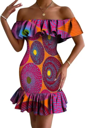 XIAOHUAGUA African Dress for Women Summer Off Shoulder Ruffle Bodycon Sexy Mini Party Club Ankara Smocked Dress