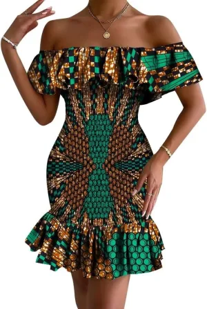 XIAOHUAGUA African Dress for Women Summer Off Shoulder Ruffle Bodycon Sexy Mini Party Club Ankara Smocked Dress