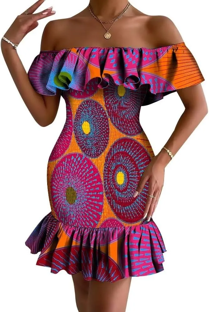 XIAOHUAGUA African Dress for Women Summer Off Shoulder Ruffle Bodycon Sexy Mini Party Club Ankara Smocked Dress