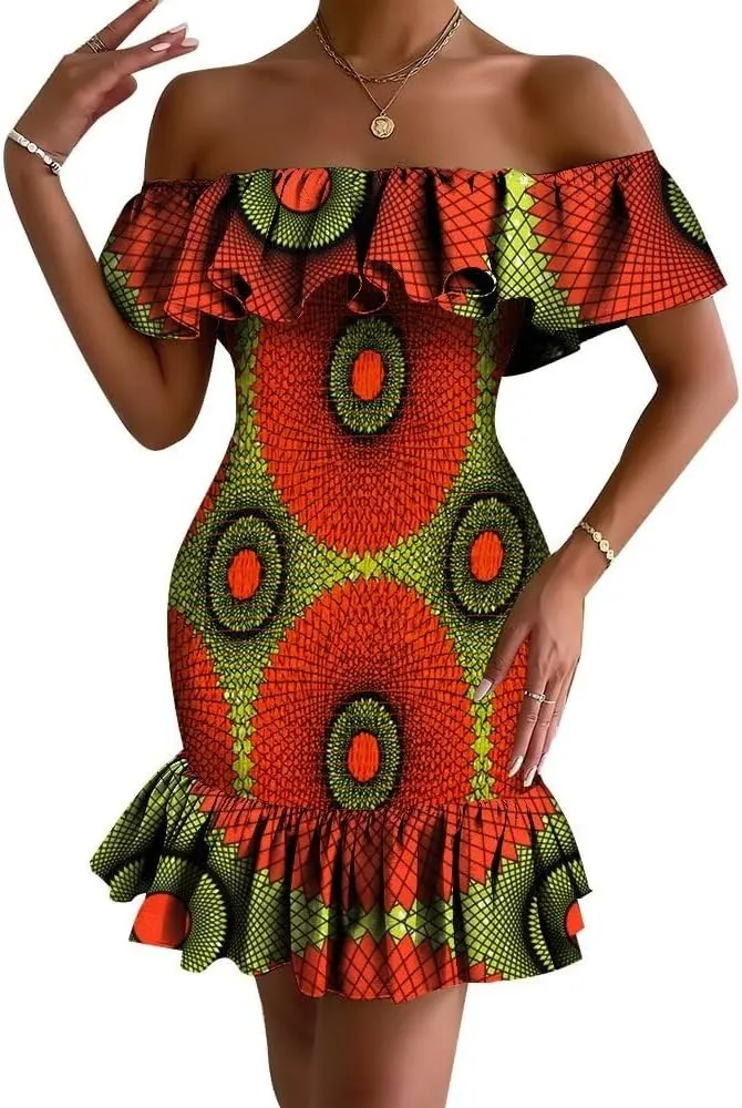 XIAOHUAGUA African Dress for Women Summer Off Shoulder Ruffle Bodycon Sexy Mini Party Club Ankara Smocked Dress